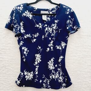 Blouse Navy White Floral Slim Fit Quiet Luxury Feminine Office Siren Y2K Size 10